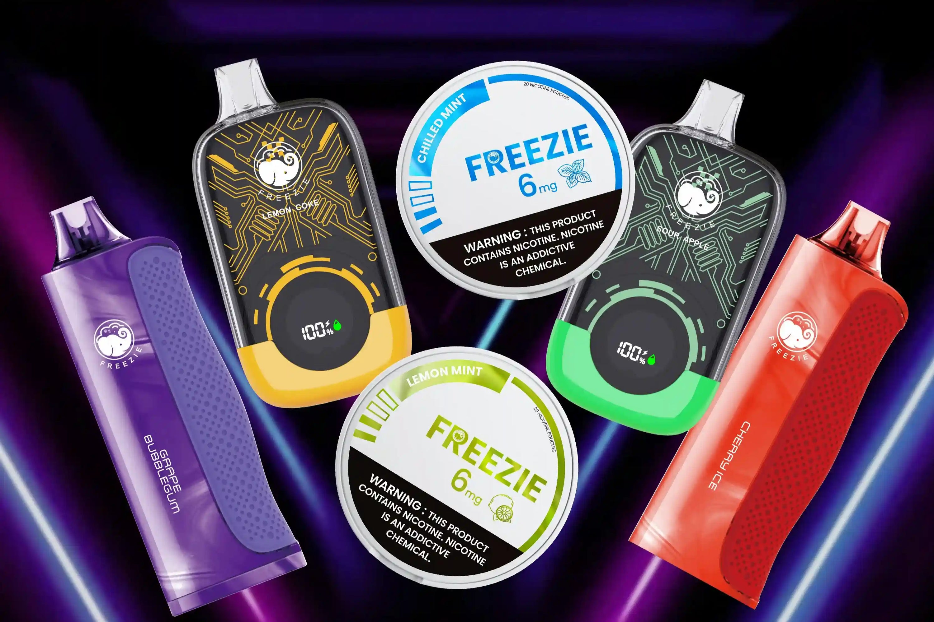 Collection of vape devices and 'Freezie' containers on a vibrant purple background